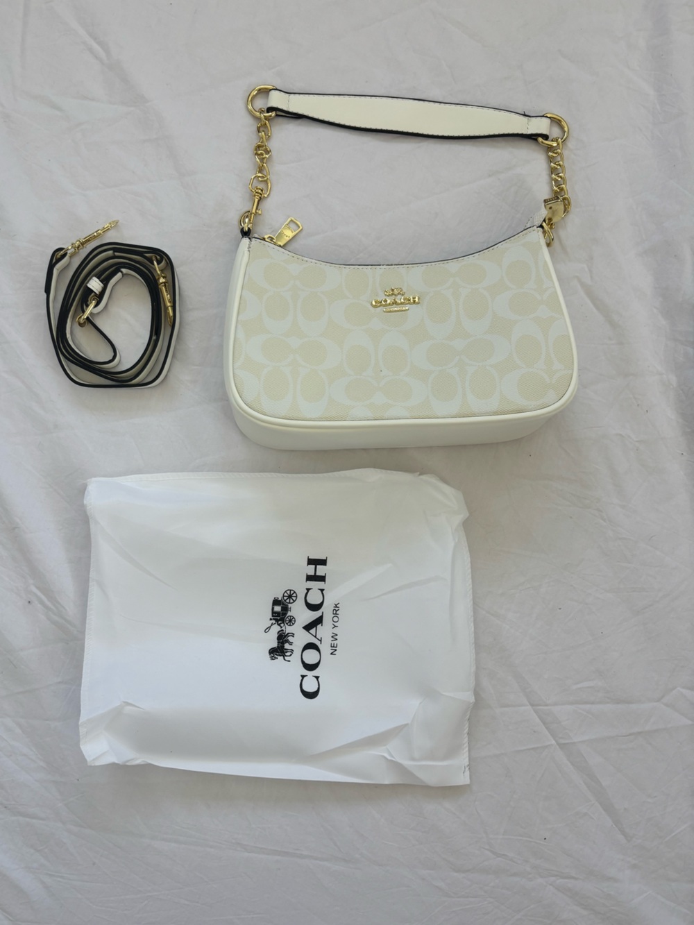 Coach Signature Canvas Small Teri Shoulder Bag in Chalk White/Gold New With Tags